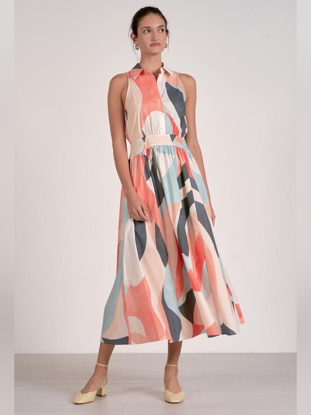 New! Elan Sleeveless Collared Midi Dress in Coral, Blush, Navy & Teal Abstract